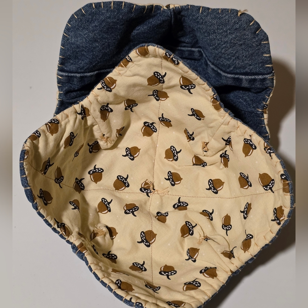 Brown Acorn On Tan Print 2 Cozies Upcycled Blue Denim Jeans Hand Crafted XL
